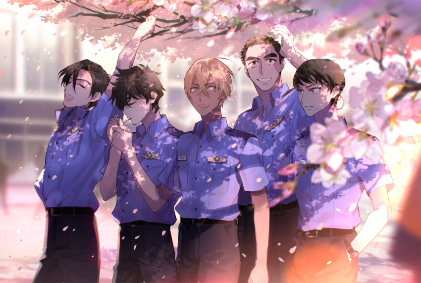5boys, :d, amuro_tooru, arm_at_side, arm_behind_back, arm_up, belt, black_hair, blonde_hair, blue_eyes, blue_shirt, blurry, blurry_background, brown_eyes, brown_hair, cherry_blossoms, cigarette, closed_mouth, collared_shirt, commentary_request, date_wataru, day, falling_petals, flower, from_side, hagiwara_kenji, hair_between_eyes, hand_in_pocket, happy, holding, holding_lighter, japan_national_police, kanamura_ren, lighter, lighting_cigarette, looking_to_the_side, looking_up, male_focus, matsuda_jinpei, meitantei_conan, mouth_hold, multiple_boys, open_mouth, parted_lips, petals, pink_flower, police, police_uniform, policeman, scotch_(meitantei_conan), shirt, short_hair, short_sleeves, smile, standing, stretching, tree, watch, wristwatch