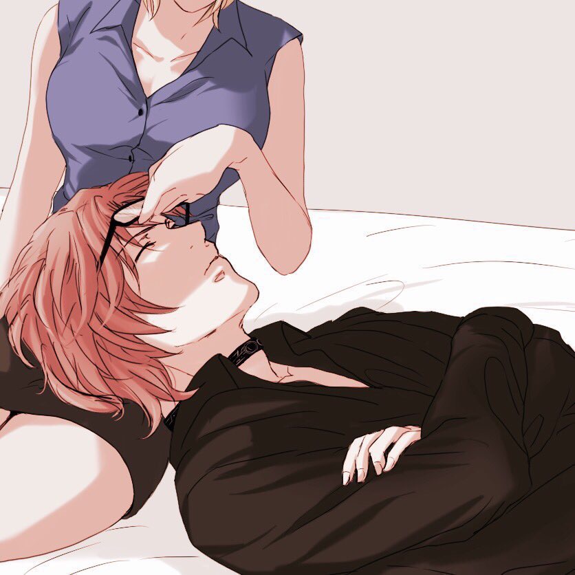 1boy, 1girl, black-framed_eyewear, black_choker, black_shirt, black_skirt, breasts, brown_hair