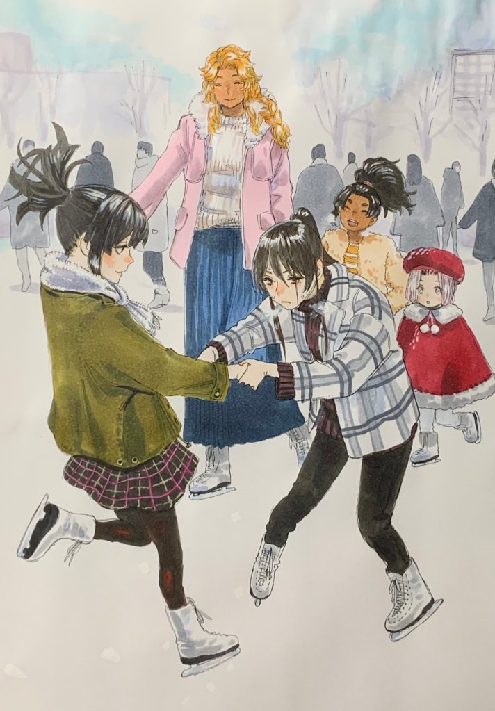 5girls, :o, black_eyes, black_hair, black_legwear, black_pants, blonde_hair, blue_skirt, blush, closed_eyes, coat, dark-skinned_female, dark_skin, fur_trim, green_coat, hair_between_eyes, hat, high_ponytail, holding_hands, holding_up, hood, hood_down, ice_skates, ice_skating, jacket, jigokuraku, kaku_yuuji, long_hair, long_skirt, long_sleeves, maroon_sweater, mei_(jigokuraku), multiple_girls, nurugai, official_art, pants, pantyhose, parted_bangs, pink_coat, pink_eyes, pink_hair, pink_jacket, plaid_clothes, plaid_jacket, plaid_skirt, ponytail, red_coat, red_sweater, scarf, shirt, short_hair, shueisha, skates, skating, skirt, three-quarter_sleeves, smile, standing, standing_on_one_leg, striped_clothes, striped_shirt, sweatdrop, sweater, tree, white_scarf, white_sweater, winter_clothes, winter_coat, yamada_asaemon_isuzu, yamada_asaemon_sagiri, yellow_jacket, yuzuriha_(jigokuraku)