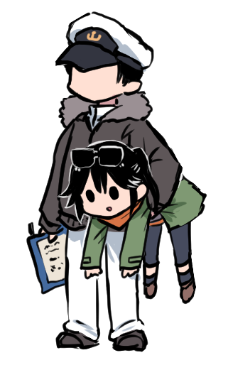 1boy, 1girl, admiral_(kancolle), black_hair, brown_footwear, carrying, carrying_under_arm, eyewear_on_head