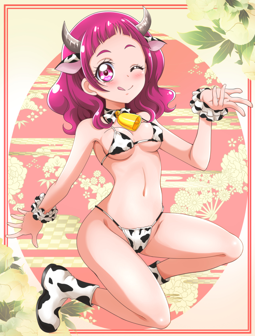 1girl, animal_print, bell, bikini, blush, boots, breasts, chinese_zodiac, choker, covered_erect_nipples, cow_print, cow_print_bikini, cowbell, hanzou, highres, hikisaka_rie, hugtto!_precure, kneeling, long_hair, looking_at_viewer, medium_breasts, micro_bikini, navel, nono_hana, one_eye_closed, pink_eyes, pink_hair, precure, print_bikini, sideboob, smile, solo, swimsuit, tongue, tongue_out, underboob, voice_actor_connection, wrist_cuffs, year_of_the_ox