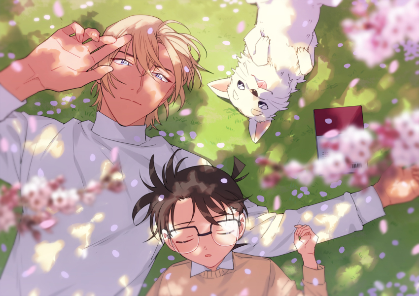 3boys, amuro_haro, amuro_tooru, animal, black_hair, blonde_hair, blue_eyes, brown_hair