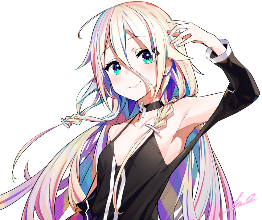 1girl, aqua_eyes, armpits, bare_shoulders, black_choker, black_shirt, braid, breasts, cevio, choker, collarbone, commentary, hair_between_eyes, hair_tie, hand_up, highres, ia_(rocks)_(vocaloid), ia_(vocaloid), long_hair, looking_at_viewer, off-shoulder_shirt, off_shoulder, overlord_(overlord80000), pendant_choker, platinum_blonde_hair, shirt, signature, small_breasts, smile, solo, twin_braids, upper_body, very_long_hair, vocaloid, white_background
