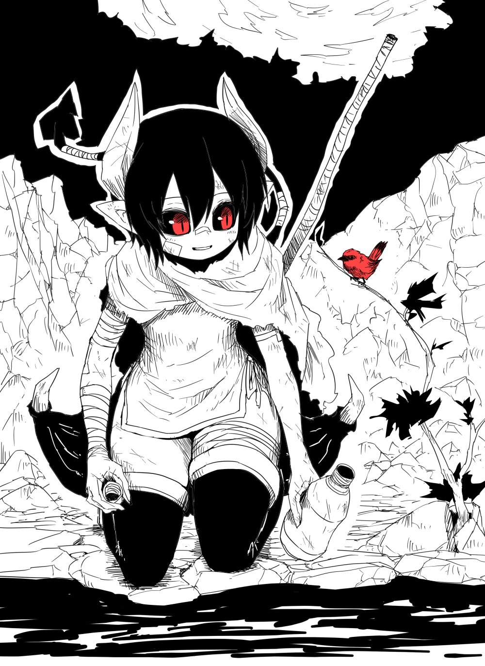 1girl, bandages, bandage_on_face, bandaged_arm, bird, black_hair, black_legwear, black_sclera