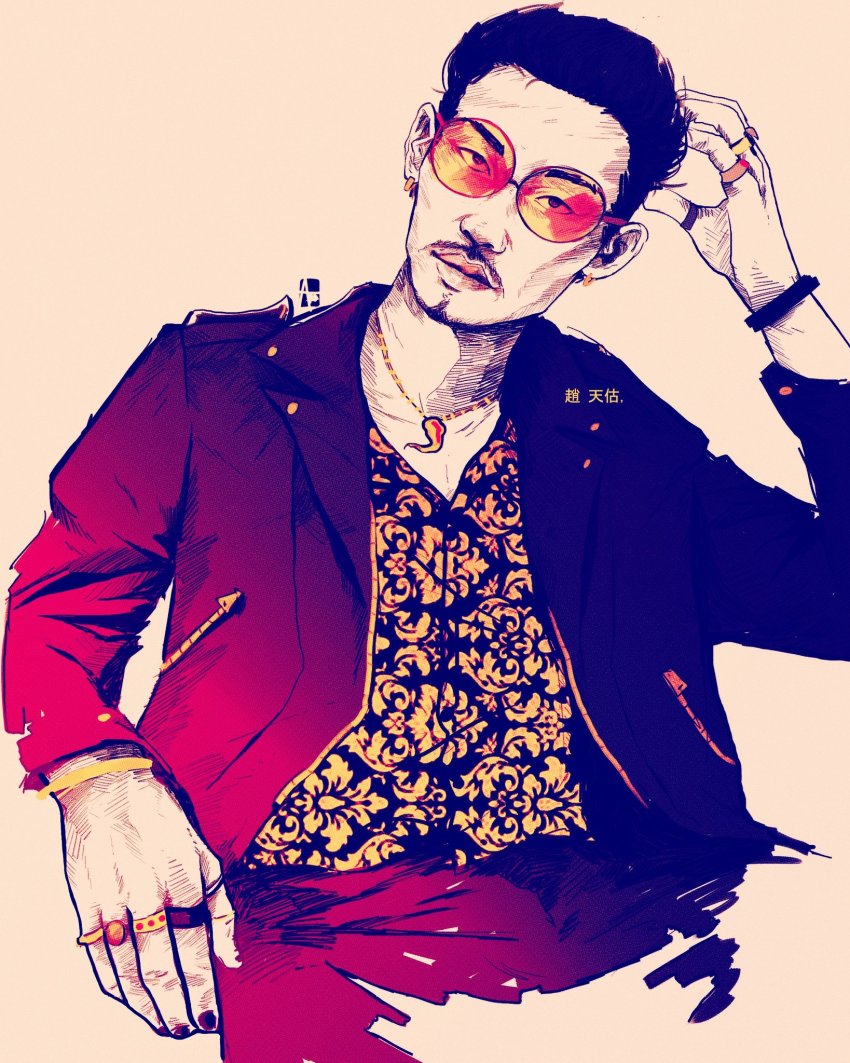 1boy, arkeresia, artist_name, black_hair, black_jacket, ear_piercing, earrings, east_asian, eyebrows, facial_hair, gangster, highres, jacket, jewelry, leather, leather_jacket, lips, male_focus, necklace, orange_eyewear, piercing, ring, round_eyewear, ryuu_ga_gotoku_(series), ryuu_ga_gotoku_7, shaded_face, short_hair, signature, sitting, sunglasses, thumb_ring, upper_body, zhao_tianyou