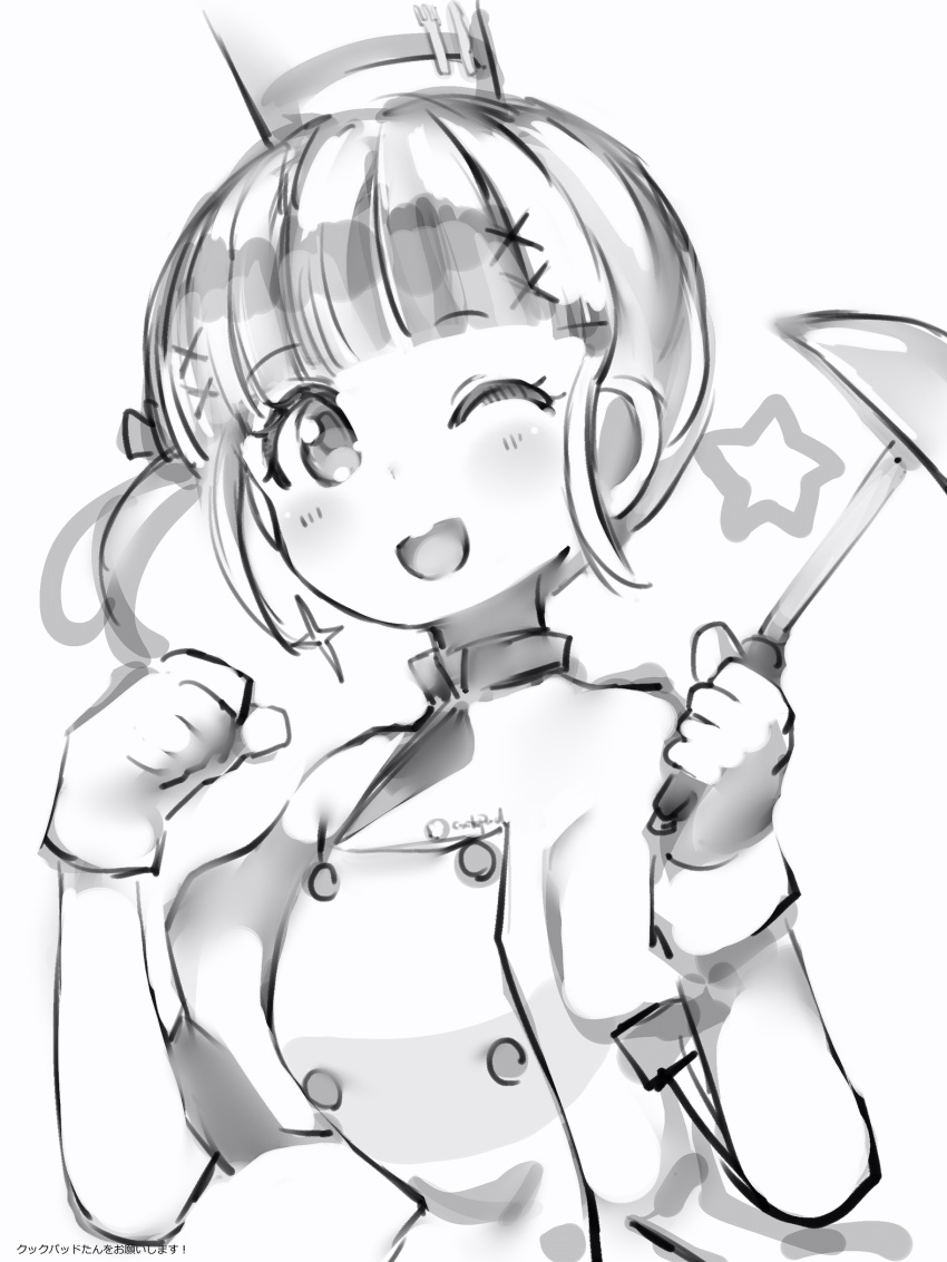 1girl, :d, bad_id, bad_pixiv_id, blunt_bangs, buttons, chef, chef_hat, cookpad, cookpad-tan, double-breasted, gloves, greyscale, hand_up, hands_up, hat, highres, holding, looking_at_viewer, monochrome, nanashi_(nlo), open_mouth, round_teeth, short_hair, sidelocks, smile, solo, sparkle, teeth, upper_body, upper_teeth_only, virtual_youtuber