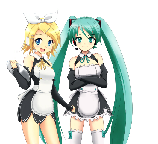 2girls, amane_(dream_c_club), amane_(dream_c_club)_(cosplay), aqua_eyes, aqua_hair, bare_shoulders, blonde_hair, blue_eyes