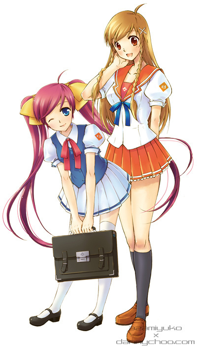 2girls, azami_yuuko, bag, blue_eyes, braid, brown_hair, culture_japan, danny_choo, hair_ornament, hairclip, kneehighs, leaning_forward, long_hair, multiple_girls, one_eye_closed, pink_hair, red_eyes, satchel, school_bag, school_uniform, serafuku, siblings, sisters, skirt, smile, socks, suenaga_haruka, suenaga_mirai, thighhighs, twin_braids, twintails, very_long_hair, watermark, white_thighhighs, wink, zettai_ryouiki