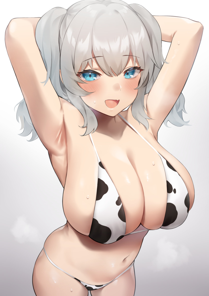 1girl, animal_print, armpits, arms_up, bikini, blue_eyes, blush, breasts