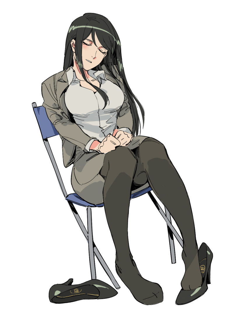 1girl, black_hair, black_pantyhose, black_shoes, breasts, chair, closed_eyes, collared_shirt, copyright_request, director's_chair, dutch_angle, feet, folding_chair, formal_clothes, grey_shirt, grey_skirt, hands_on_lap, head_tilt, high_heels, highres, large_breasts, long_hair, miniskirt, on_chair, pantyhose, parted_lips, ruukii_drift, shirt, shoes, simple_background, sitting, skirt, skirt_suit, sleeping, sleeping_upright, solo, suit, taut_clothes, taut_skirt, unworn_shoes, white_background, wing_collar