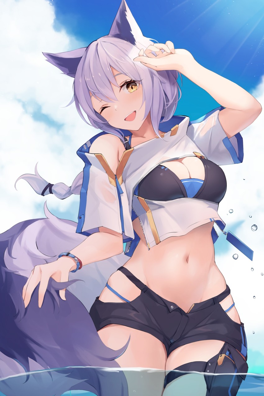 1girl, ;d, absurdres, animal_ears, arknights, blue_sky, cloud, commentary_request