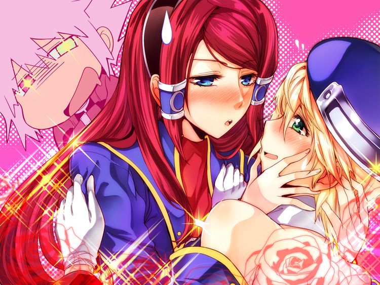 +_+, 2girls, arc_system_works, bad_id, bad_pixiv_id, beret, blazblue, blazblue:_continuum_shift, blonde_hair, blue_eyes, blush, dress, gloves, green_eyes, hand_on_another's_cheek, hand_on_another's_face, hat, kawakami_shuuichi, long_hair, multiple_girls, noel_vermillion, open_mouth, ragna_the_bloodedge, red_hair, short_dress, short_hair, sparkle, sweatdrop, syu_(no1zerg), tsubaki_yayoi, white_gloves, yuri