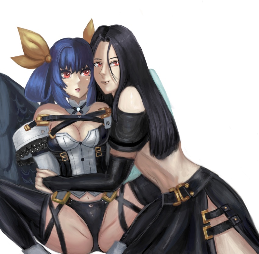 1boy, 1girl, angel_wings, bare_shoulders, black_hair, black_panties, blue_hair, breasts
