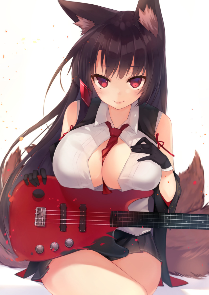 1girl, absurdres, akagi_(azur_lane), akagi_(muse)_(azur_lane), animal_ear_fluff, animal_ears, azur_lane, between_breasts, black_gloves, black_hair, black_kimono, black_skirt, blush, breast_rest, breasts, closed_mouth, collared_shirt, commentary_request, crossed_legs, electric_guitar, fox_ears, fox_tail, gloves, guitar, hair_ornament, hand_on_own_chest, highres, instrument, japanese_clothes, kimono, large_breasts, long_hair, looking_at_viewer, multiple_tails, necktie, necktie_between_breasts, off_shoulder, partially_unbuttoned, pleated_skirt, red_eyes, red_necktie, red_ribbon, ribbon, sakura_cha, shirt, simple_background, sitting, skirt, sleeveless, sleeveless_shirt, smile, solo, tail, white_background, white_shirt, wide_sleeves