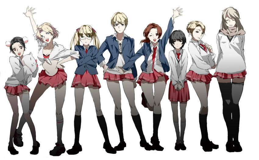 00s, 6+girls, america_(female)_(hetalia), america_(hetalia), axis_powers_hetalia, bad_id, bad_pixiv_id, black_hair, blazer, blonde_hair, brown_hair, china_(hetalia), double_bun, france_(female)_(hetalia), france_(hetalia), genderswap, genderswap_(mtf), germany_(female)_(hetalia), germany_(hetalia), green_eyes, hair_bun, hakase, jacket, japan_(hetalia), lineup, militaryscop, multiple_girls, necktie, northern_italy_(female)_(hetalia), northern_italy_(hetalia), panties, russia_(hetalia), school_uniform, shinatty-chan, short_hair, skirt, thighhighs, twintails, underwear, united_kingdom_(female)_(hetalia), united_kingdom_(hetalia), zettai_ryouiki