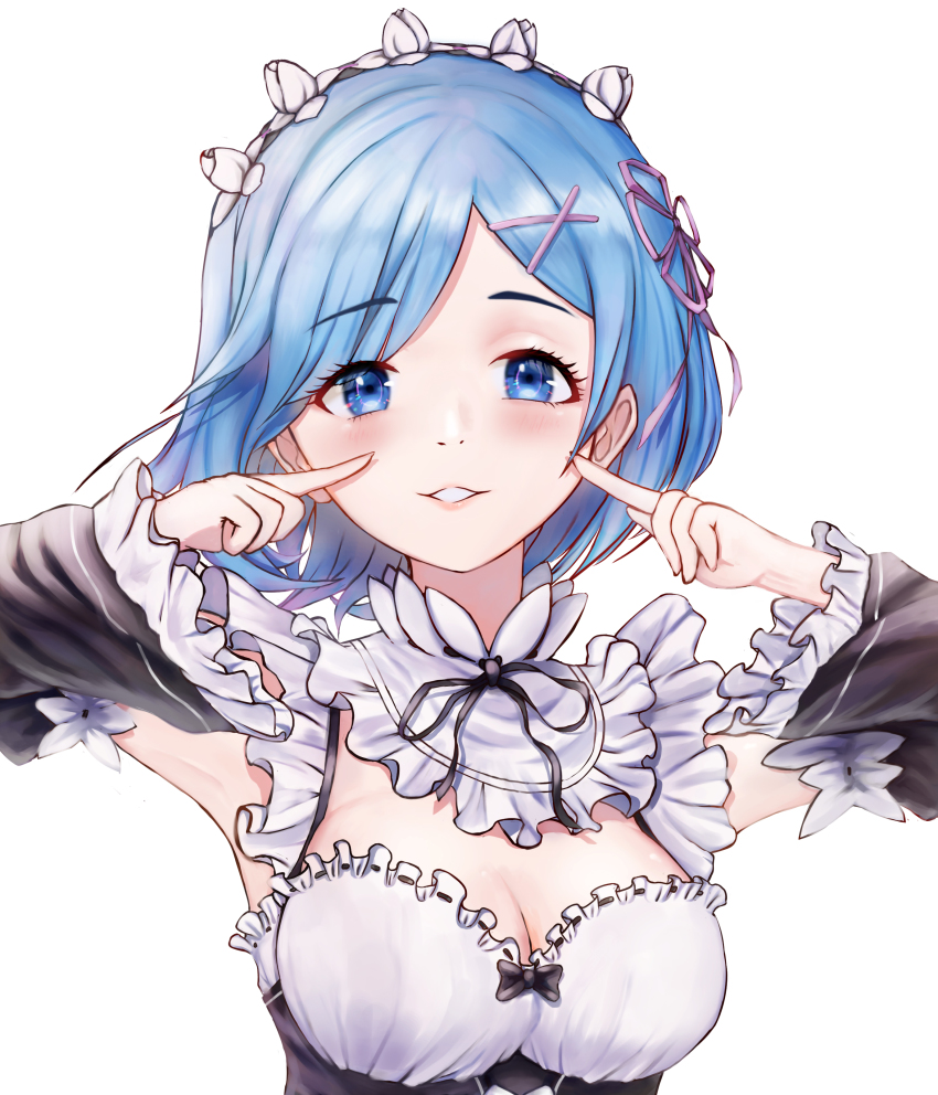 1girl, absurdres, ahaha_kun, armpits, arms_up, black_ribbon, blue_eyes, blue_hair