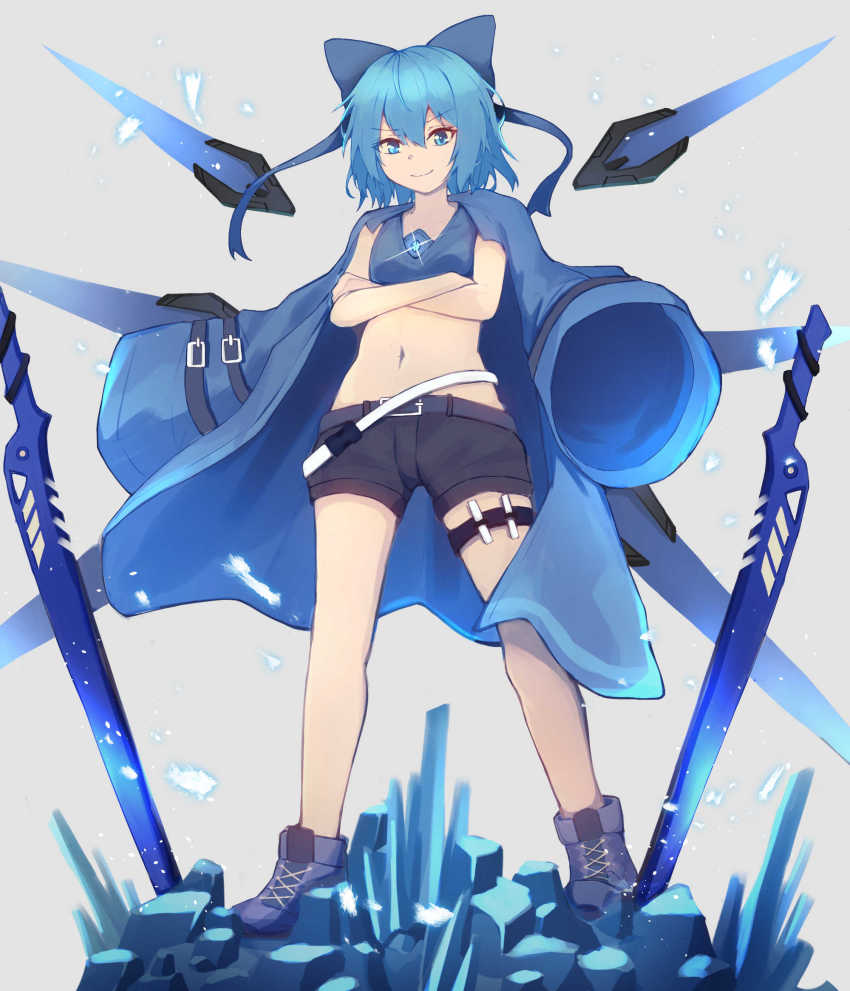 1girl, alternate_costume, ankle_boots, belt, black_shorts, blue_boots, blue_bow, blue_coat, blue_eyes, blue_hair, blue_sports_bra, boots, bow, cirno, coat, commentary_request, crossed_arms, detached_wings, flat_chest, full_body, gem, gunbuster_pose, hair_bow, highres, ice_crystal, jacket, jacket_on_shoulders, kogane_ringo, long_coat, loose_belt, mechanical_wings, midriff, multiple_belts, multiple_swords, navel, planted, planted_sword, planted_weapon, short_hair, shorts, solo, sports_bra, sword, touhou, weapon, wings