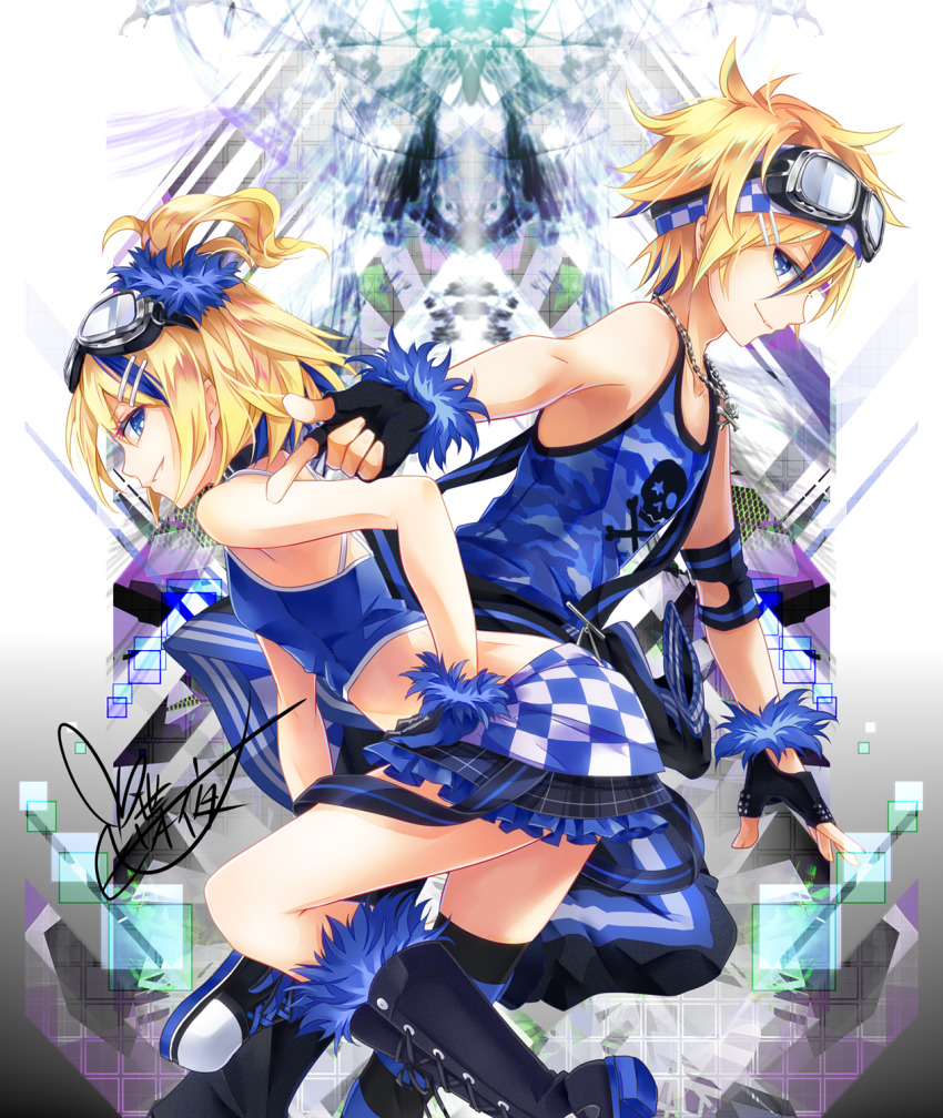 1boy, 1girl, bare_shoulders, black_gloves, blonde_hair, blue_shirt, blue_skirt, boots