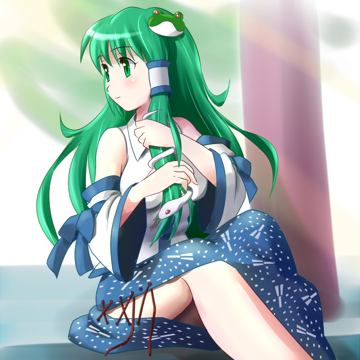 1girl, bad_id, bad_pixiv_id, detached_sleeves, female_focus, frog, green_eyes, green_hair