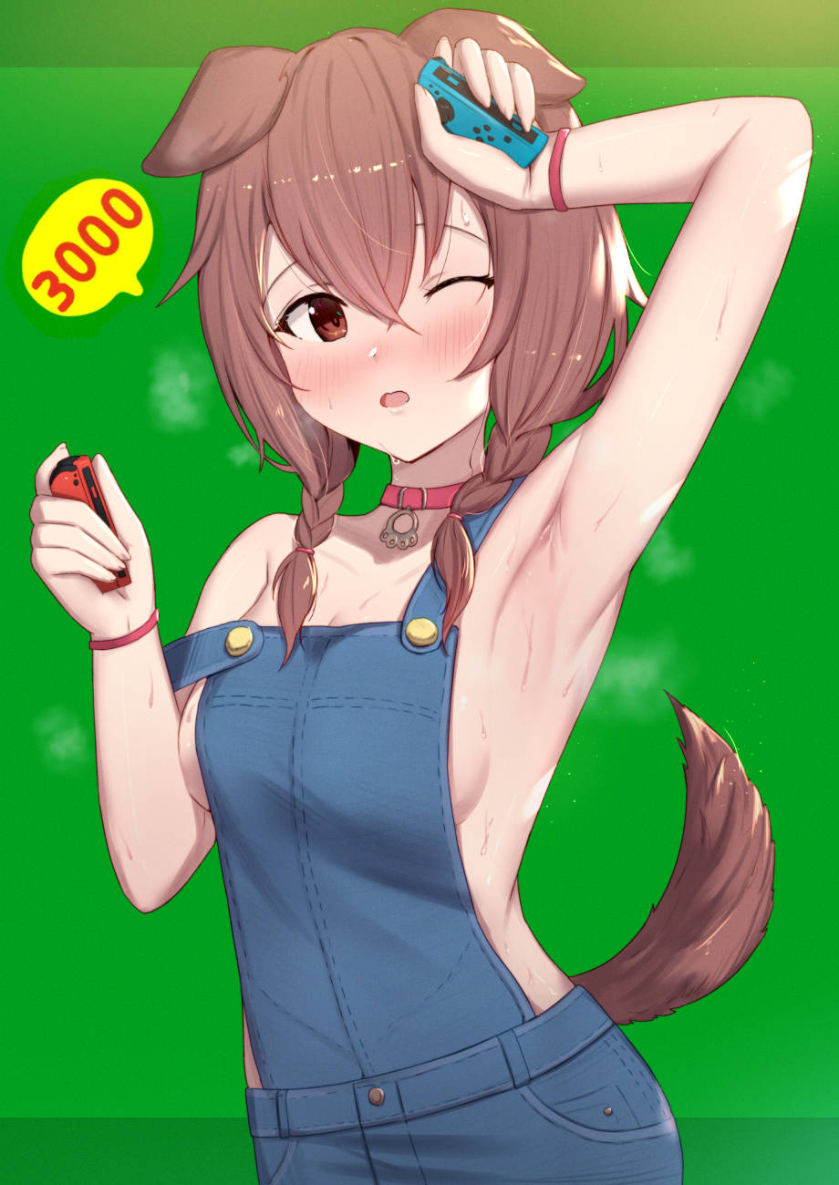 1girl, ;o, alternate_costume, animal_ears, arm_up, armpits, bare_arms, bare_shoulders, blush, braid, breasts, brown_hair, collar, commentary_request, dog_ears, dog_girl, dog_tail, game_controller, green_background, highres, holding, hololive, inugami_korone, joy-con, looking_at_viewer, naked_overalls, one_eye_closed, open_mouth, overalls, red_eyes, sideboob, simple_background, small_breasts, solo, speech_bubble, spoken_number, strap_slip, sweat, tail, twin_braids, uneg, virtual_youtuber, wristband