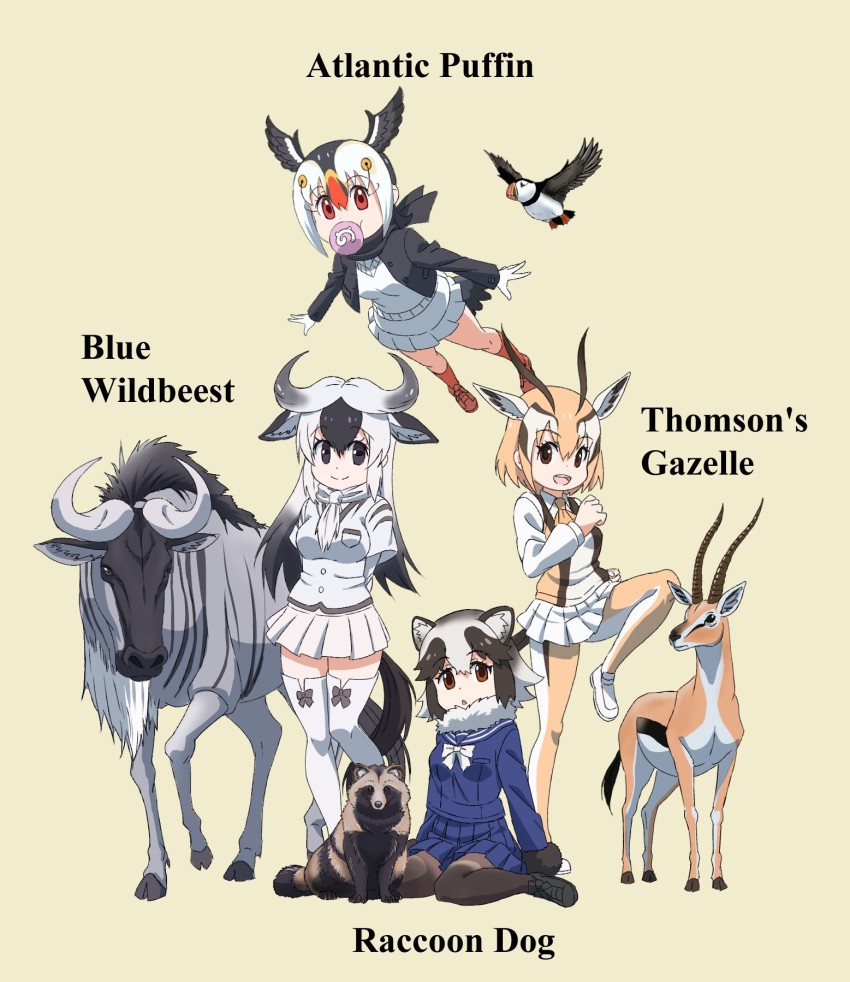 4girls, animal_collar, animal_ears, ascot, atlantic_puffin_(kemono_friends), beige_background, bird, black_eyes