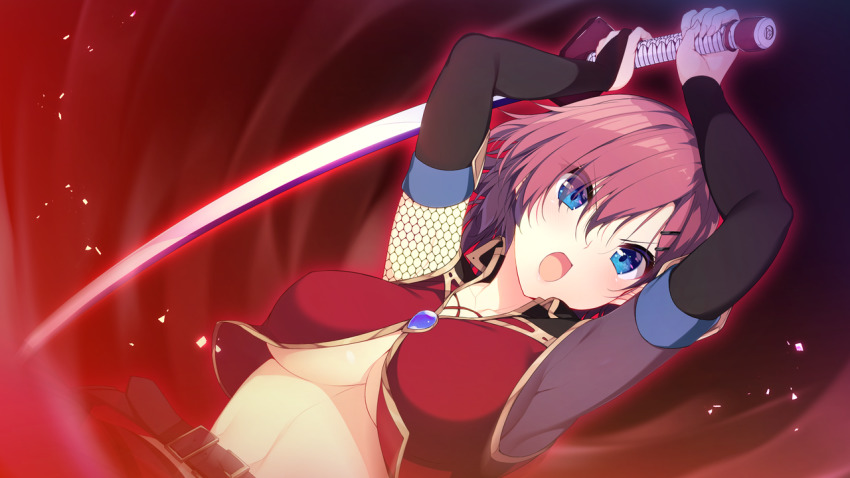 1girl, arms_up, belt, blue_eyes, blush, breasts, clothing_cutout, crop_top, elbow_gloves, female_focus, fighting_stance, fingerless_gloves, game_cg, gloves, holding, holding_sword, holding_weapon, kizuna_kirameku_koi_iroha, large_breasts, looking_at_viewer, navel, nironiro, nose_blush, open_mouth, original, pero, red_hair, sengoku_aoi, short_hair, simple_background, solo, sword, underboob, underboob_cutout, upper_body, weapon