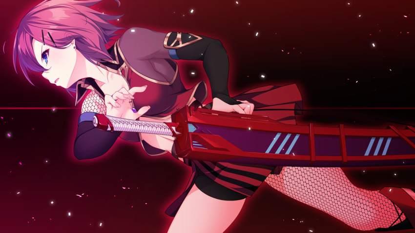 1girl, armpits, blue_eyes, blush, breasts, elbow_gloves, female_focus, fighting_stance, fishnets, from_side, game_cg, gloves, gradient_background, hair_ornament, hairclip, kizuna_kirameku_koi_iroha, large_breasts, legs, looking_away, nironiro, nose_blush, original, parted_lips, pero, red_hair, sengoku_aoi, serious, short_hair, simple_background, single_thighhigh, skirt, solo, standing, sword, thighhighs, thighs, weapon