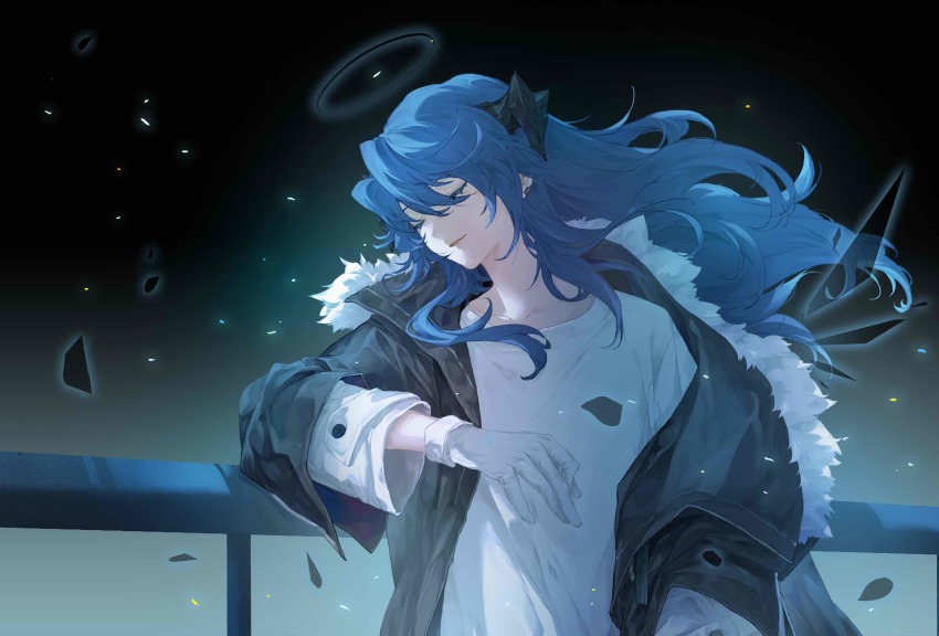 1girl, absurdres, against_railing, arknights, black_background, black_coat, blue_hair, chinese_commentary