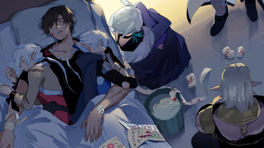 2girls, 4boys, alisaie_leveilleur, alphinaud_leveilleur, arm_hug, bad_id, bad_twitter_id, bandages, bed, blood, bloody_bandages, brown_hair, bucket, closed_eyes, facial_hair, final_fantasy, final_fantasy_xiv, highres, hyur, injury, multiple_boys, multiple_girls, parted_lips, pleasebemine00, pointy_ears, sandwiched, scar, shin_guards, silver_hair, sleeping, stubble, thancred_waters, urianger_augurelt, y'shtola_rhul