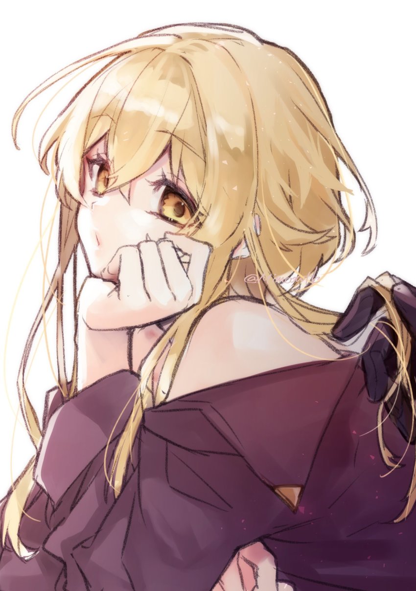 1girl, bad_id, bad_twitter_id, bare_shoulders, black_gloves, black_shirt, blonde_hair, crossed_arms