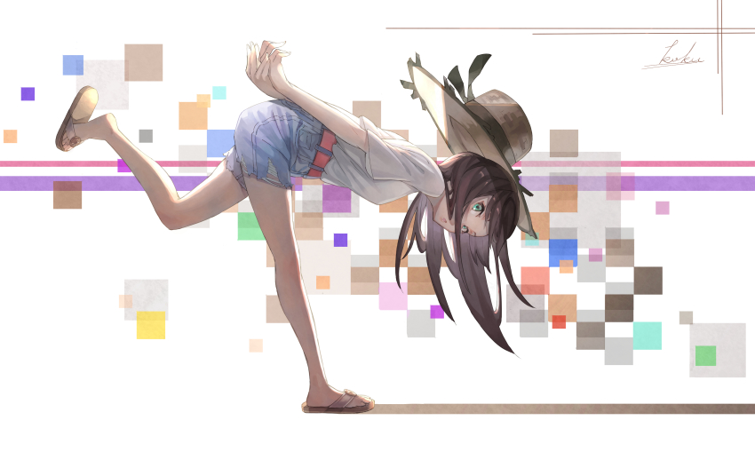 1girl, absurdres, artist_name, bare_legs, belt, brown_hair, flip-flops, green_eyes