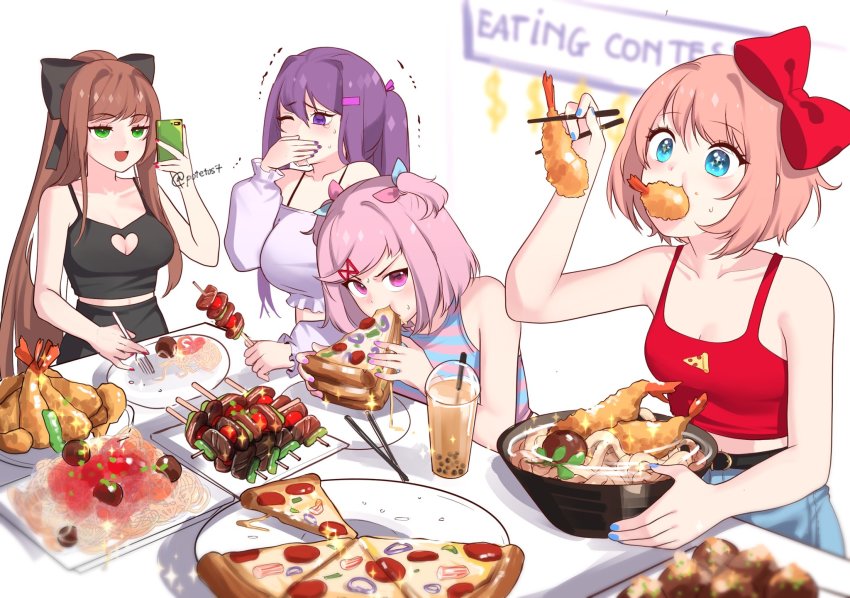 4girls, :d, alternate_hairstyle, bare_arms, bare_shoulders, black_ribbon, blue_eyes, blue_nails, bow, bowl, breasts, brown_hair, bubble_tea, casual, cellphone, chopsticks, clothing_cutout, collarbone, commentary, covering_own_mouth, doki_doki_literature_club, eating, eating_contest, food, food_in_mouth, fork, green_eyes, hair_bow, hair_ornament, hair_ribbon, hairclip, heart_cutout, highres, large_breasts, long_hair, monika_(doki_doki_literature_club), multiple_girls, nail_polish, natsuki_(doki_doki_literature_club), noodles, one_eye_closed, open_mouth, phone, pink_eyes, pink_hair, pink_nails, pizza, plate, ponytail, potetos7, purple_eyes, purple_hair, red_bow, red_nails, ribbon, sayori_(doki_doki_literature_club), shish_kebab, short_hair, sidelocks, smartphone, smile, sparkle, sparkling_eyes, untranslatable_commentary, tank_top, tempura, twintails, twitter_username, very_long_hair, wince, yuri_(doki_doki_literature_club)