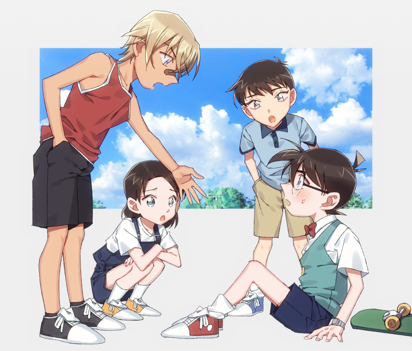 2boys, 2girls, aged_down, amuro_tooru, bandaid, bandaid_on_face, bandaid_on_nose, black-framed_eyewear