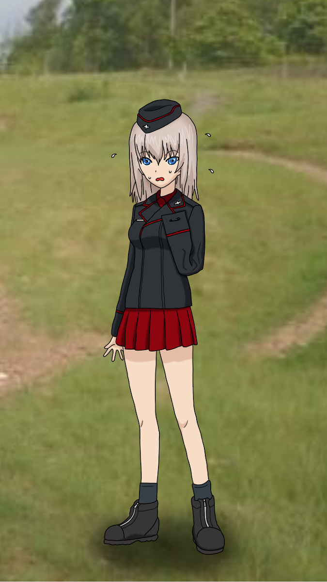 amputee, blue_eyes, boots, breasts, hat, highres, itsumi_erika, kuromorimine_military_uniform