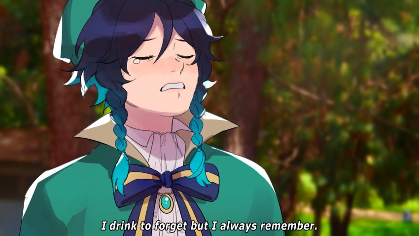 1boy, black_hair, blue_hair, blurry, blurry_background, bow, braid, cape, closed_eyes, english_text, gem, genshin_impact, gradient_hair, green_hat, grimruu, hat, highres, jewelry, male_focus, meme, multicolored_hair, open_mouth, solo, tearing_up, tree, twin_braids, venti_(genshin_impact)