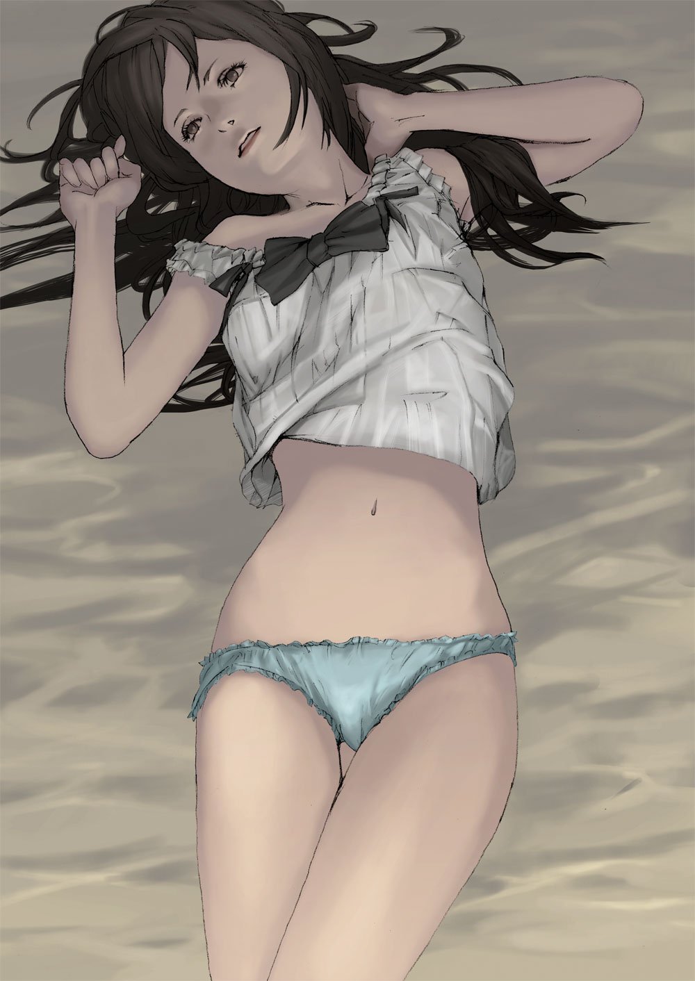 1girl, brown_eyes, brown_hair, female_focus, hanaosutarou, highres, long_hair, midriff