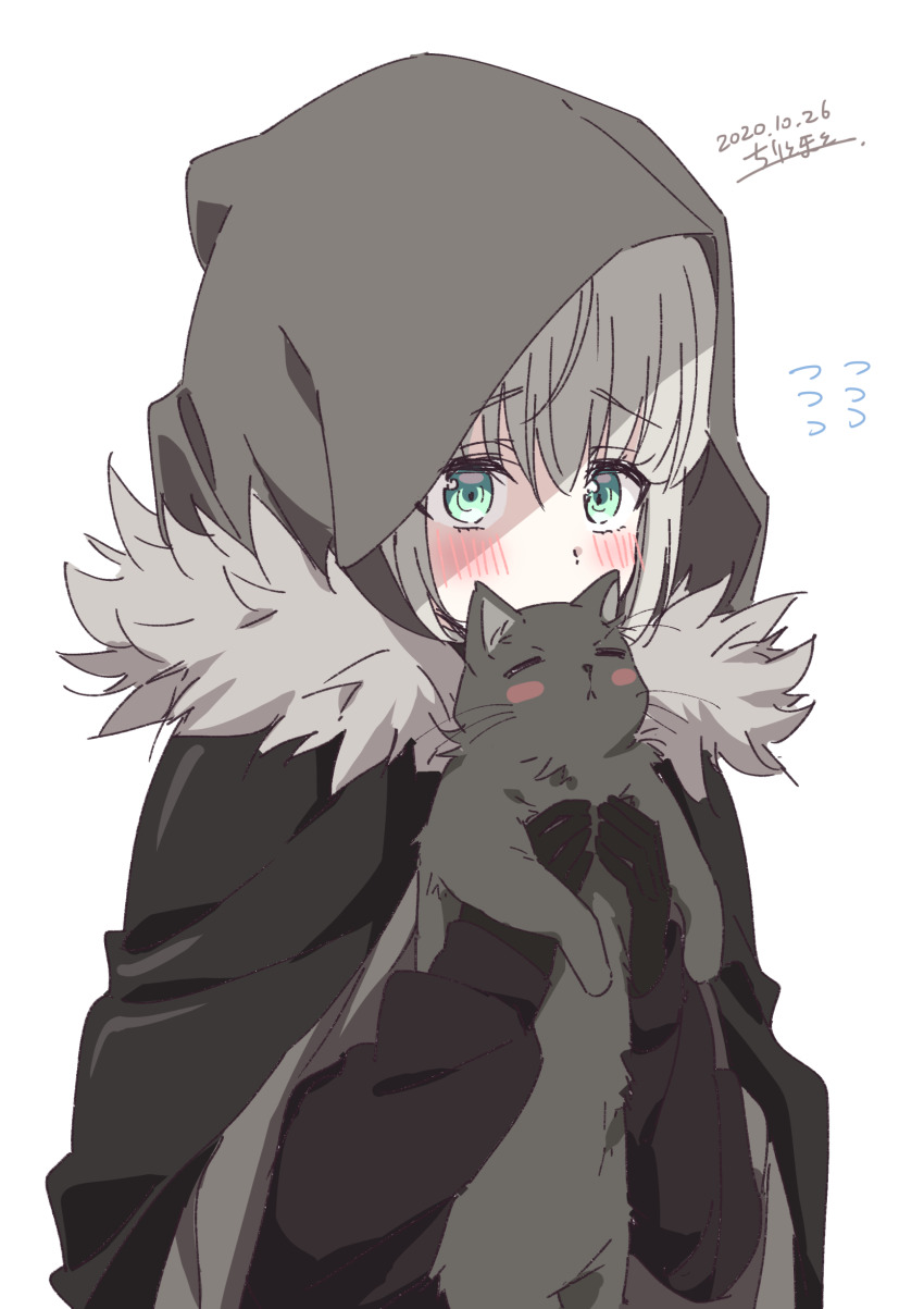 1girl, absurdres, animal, black_gloves, black_jacket, blush, cape, cat