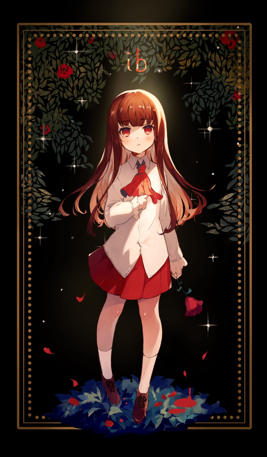 1girl, absurdres, ascot, backlighting, black_background, brown_hair, character_name, collared_shirt