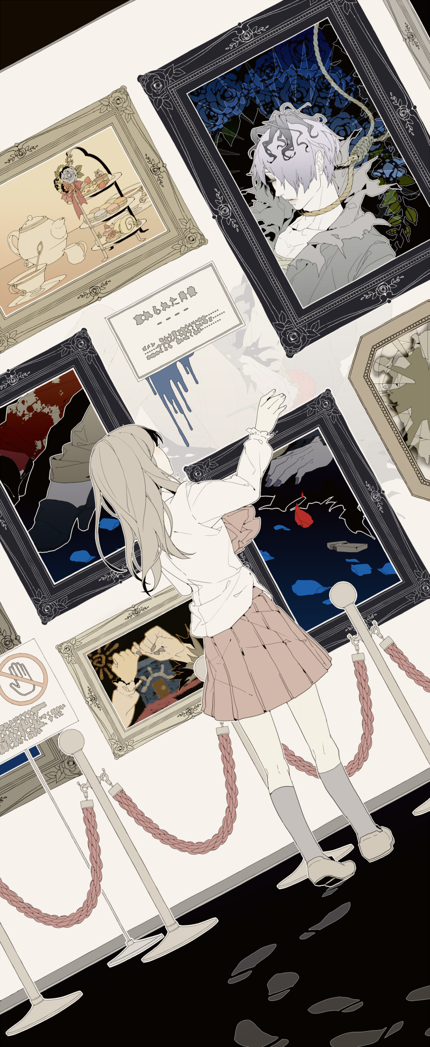 1boy, 1girl, absurdres, art_gallery, black_hair, black_socks, blood, blood_splatter, blue_flower, blue_rose, bow, broken_glass, brown_hair, cake, child's_drawing, closed_eyes, collared_shirt, cup, death, flower, food, food_request, footprints, frilled_sleeves, frills, from_behind, fruit, fruit_tart, full_body, garry_(ib), glass, hair_over_one_eye, highres, holding, holding_flower, ib_(ib), ib_(kouri), kneehighs, kurose_(cha_no_yu), leaf, lighter, long_hair, long_sleeves, macaron, milk_tea, multicolored_hair, noose, painting_(object), pale_skin, pastry, petals, pinky_swear, purple_hair, red_bow, red_flower, red_rope, red_rose, rope, rose, saucer, shirt, short_hair, sign, socks, spoilers, strawberry, strawberry_tart, tart_(food), tea_set, teacup, teapot, thorns, torn_clothes, torn_coat, torn_sleeves, two-tone_hair