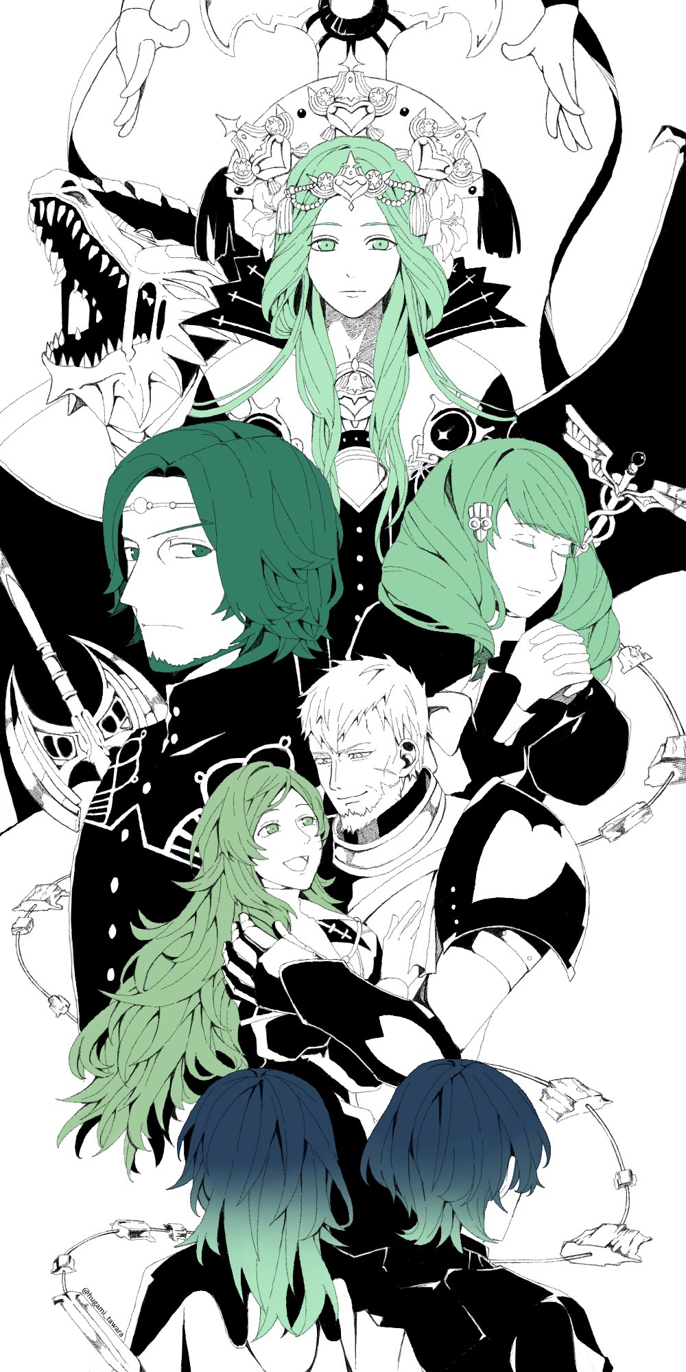 3boys, 5girls, armor, beard, blue_hair, circlet, cloak, closed_eyes, dragon, dress, drill_hair, facial_hair, fangs, father_and_child, father_and_daughter, father_and_son, female_byleth_(fire_emblem), fire_emblem, fire_emblem:_three_houses, flayn_(fire_emblem), flower, from_behind, garreg_mach_monastery_uniform, glowing, glowing_hair, green_eyes, green_hair, hair_flower, hair_ornament, hands_together, head_out_of_frame, heroes_relic_(fire_emblem), highres, hug, hugami_tawara, husband_and_wife, jeralt_reus_eisner, long_hair, looking_at_viewer, male_byleth_(fire_emblem), monochrome, mother_and_child, mother_and_daughter, mother_and_son, multiple_boys, multiple_girls, nintendo, open_mouth, outstretched_hand, parent_and_child, polearm, rhea_(fire_emblem), ribbon, scar, scar_on_face, seteth_(fire_emblem), simple_background, sitri_eisner, smile, sothis_(fire_emblem), staff, sword, sword_of_the_creator, the_immaculate_one, weapon, whip_sword, white_background