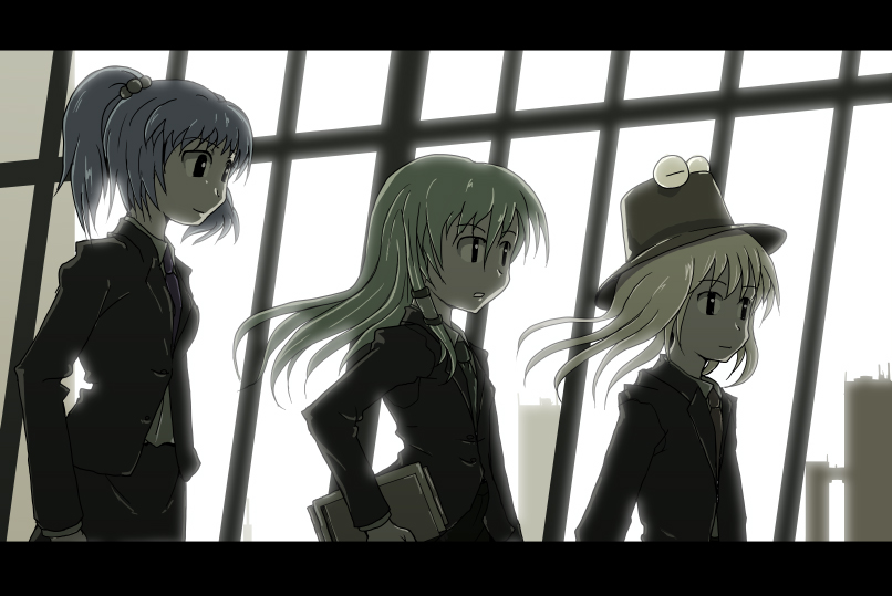 3girls, alternate_costume, backlighting, blonde_hair, contemporary, female_focus, formal_clothes, green_hair