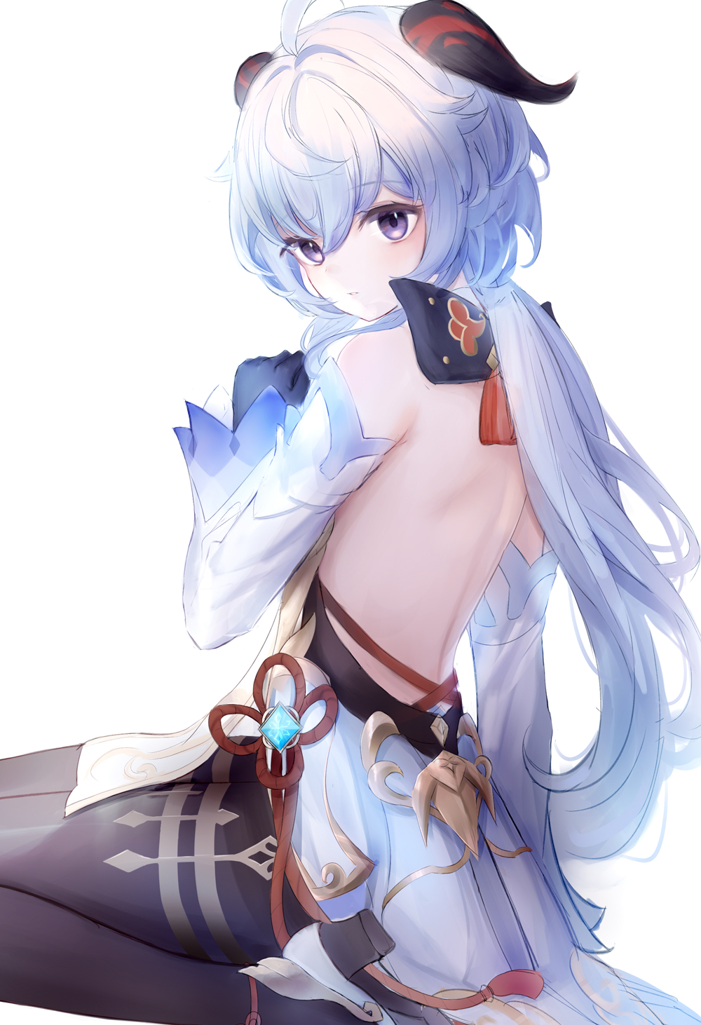 1girl, ahoge, back, backless_outfit, bare_shoulders, black_gloves, black_pantyhose, blue_hair