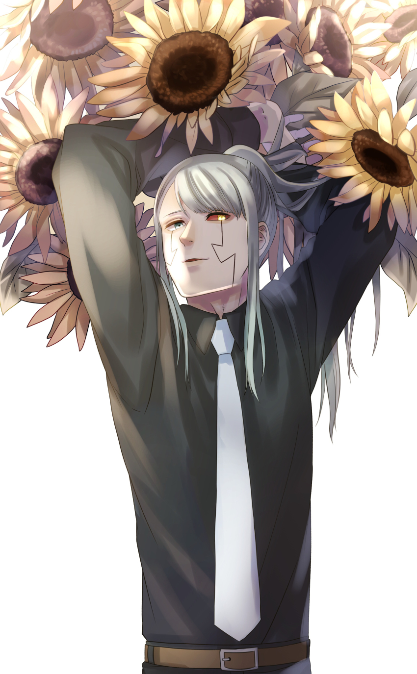 1boy, absurdres, abyss_razor, arms_up, belt, black_shirt, blue_eyes, colored_sclera