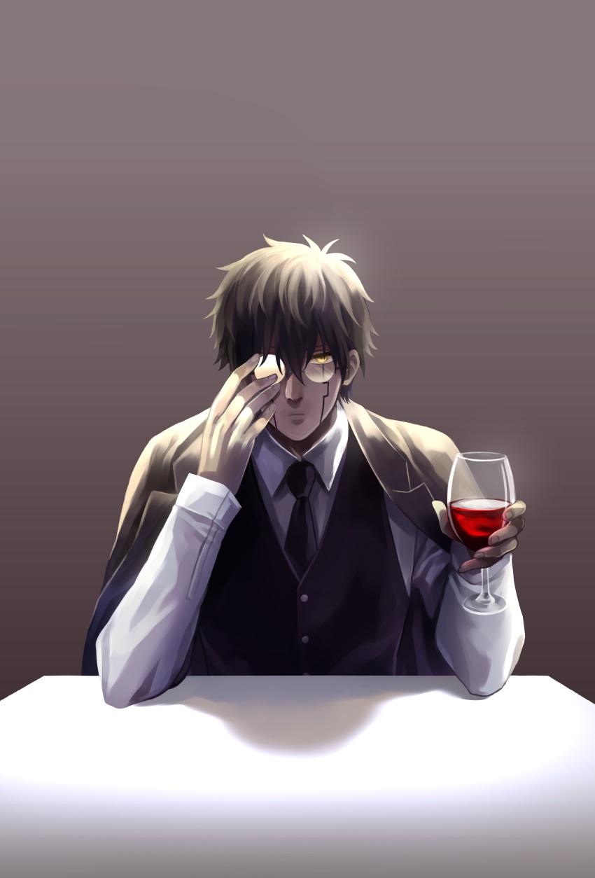 1boy, absurdres, adjusting_eyewear, alcohol, black_hair, black_necktie, black_vest, cape, cup, drinking_glass, elbows_on_table, facial_mark, grey_background, hair_between_eyes, highres, long_sleeves, looking_at_viewer, male_focus, mashle, necktie, orter_madl, ranran_art, simple_background, solo, table, vest, wine, wine_glass, yellow_eyes