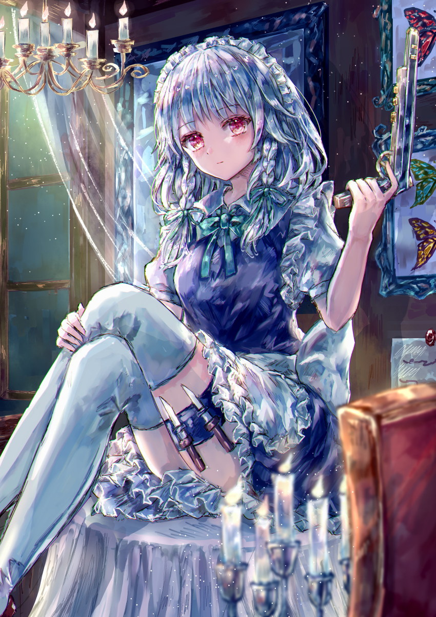 1girl, absurdres, braid, closed_mouth, expressionless, feet_out_of_frame, green_ribbon, gun