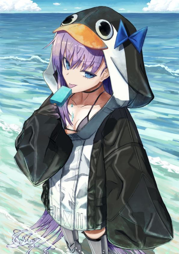 1girl, animal_hood, armored_boots, beach, bikini, bikini_top_only, black_jacket, blue_bow