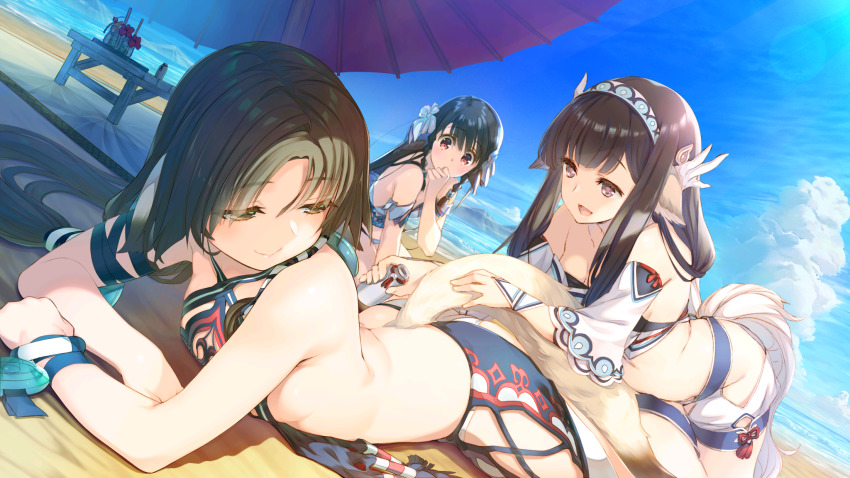 3girls, amazuyu_tatsuki, animal_ears, aquaplus, beach, blue_sky, breasts, brown_eyes, brown_hair, day, eruruu, game_cg, highres, kawata_hisashi, long_hair, looking_back, minagi_(utawarerumono), multiple_girls, official_art, on_ground, open_mouth, pink_eyes, red_eyes, rulutieh, sand, sky, small_breasts, summer, swimsuit, tail, utawarerumono, utawarerumono:_itsuwari_no_kamen, utawarerumono:_lost_flag