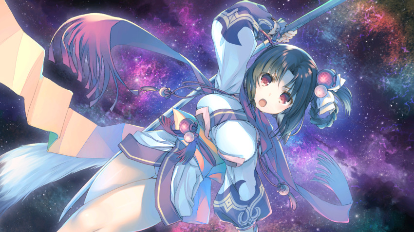 aquaplus, breasts, brown_hair, game_cg, highres, inui_(utawarerumono), katana, large_breasts