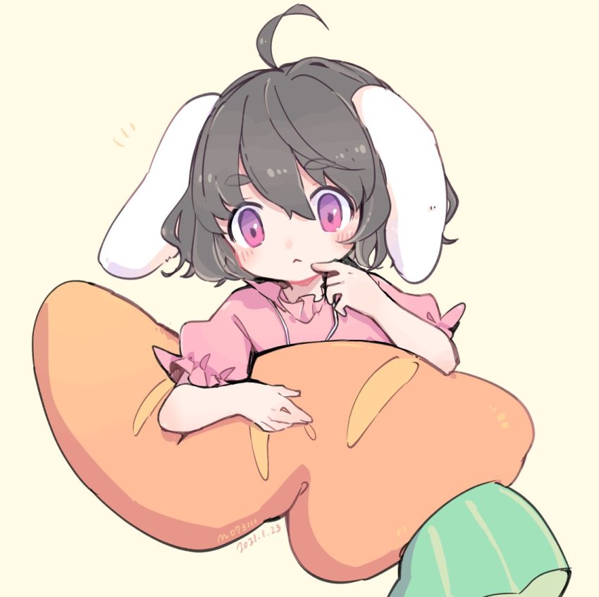 1girl, ahoge, animal_ears, artist_name, black_hair, blush, rabbit_ears, commentary_request