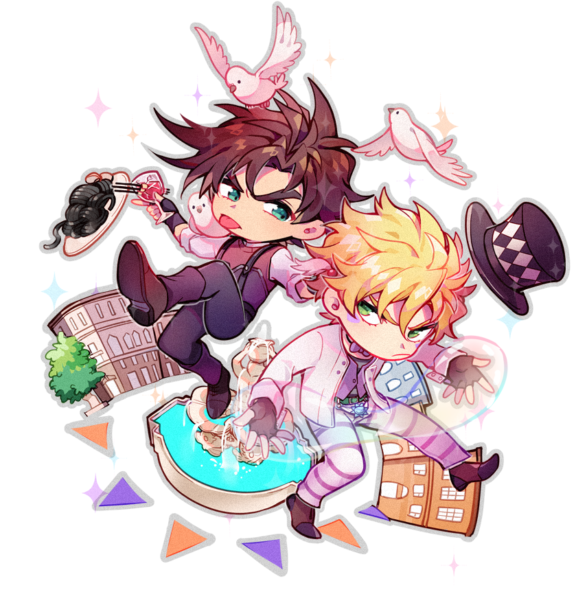 2boys, animal, animal_on_shoulder, aqua_eyes, battle_tendency, belt, bird, bird_on_shoulder, black-ink_spaghetti, black_pants, black_spaghetti, blonde_hair, boots, bow, bowtie, broken, brown_footwear, brown_gloves, brown_hair, brown_sweater, bubble, building, caesar_anthonio_zeppeli, checkered_clothes, checkered_hat, chibi, chinese_commentary, closed_mouth, commentary_request, cup, dove, drink, drinking_glass, eyebrows_hidden_by_hair, facial_mark, feather_hair_ornament, feathers, fingerless_gloves, food, fountain, frown, gloves, green_eyes, hair_ornament, hat, holding, holding_cup, holding_drink, huan_li, hydrokinesis, jacket, jojo_no_kimyou_na_bouken, joseph_joestar, joseph_joestar_(young), knee_boots, leg_up, long_sleeves, looking_at_another, male_focus, multiple_boys, outline, outstretched_arms, pants, pasta, pink_neckwear, shirt, shoe_soles, short_hair, sideways_glance, sleeve_cuffs, spaghetti, sparkle, spread_arms, striped_clothes, striped_pants, sweater, sweater_vest, tongue, tongue_out, top_hat, vest, waistcoat, water, white_jacket, white_shirt, wine_glass